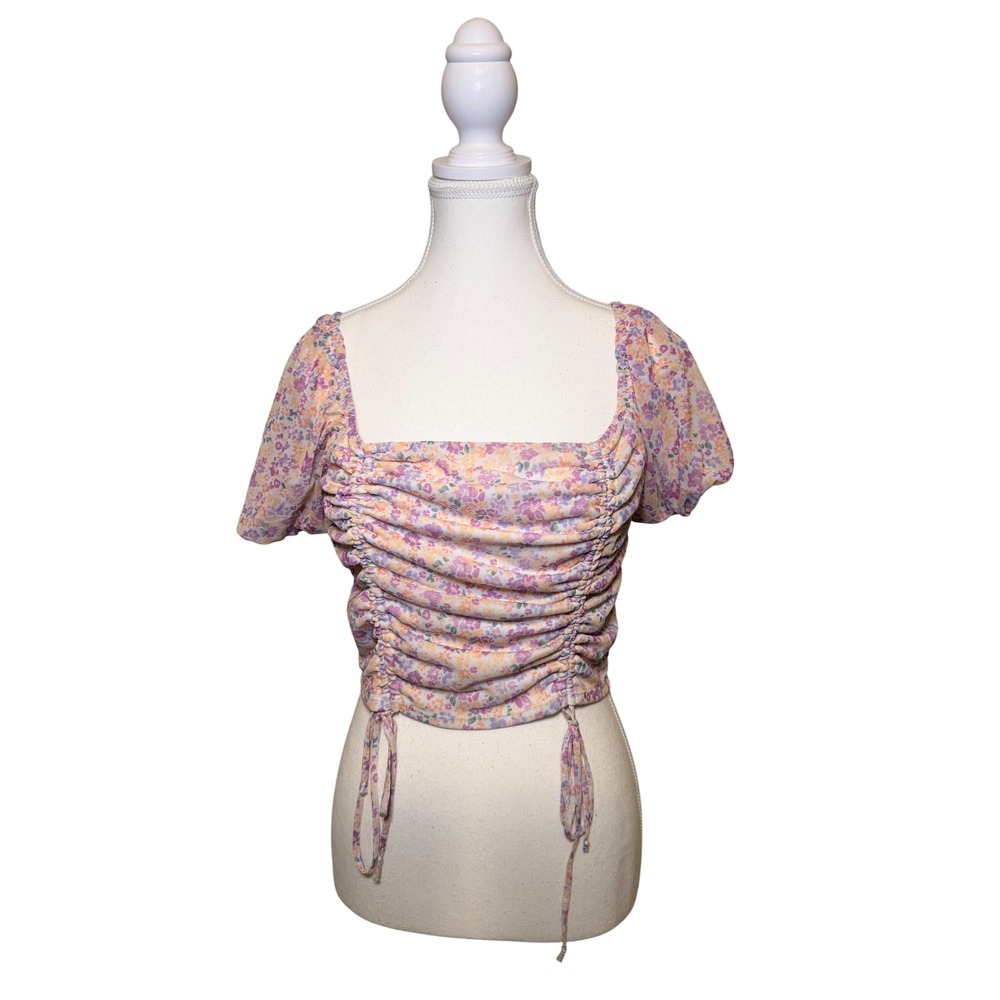 Floral Ruched Mesh Crop Top Puff Sleeve Cottagecore L